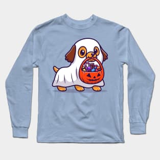 Cute Ghost Dog With Pumpkin Halloween Cartoon Long Sleeve T-Shirt